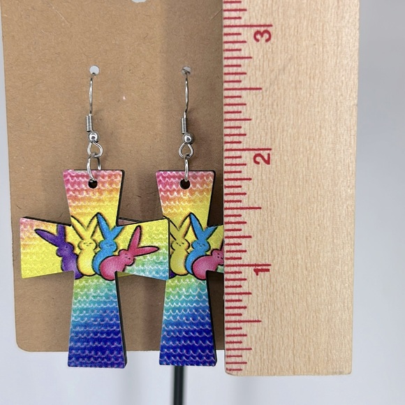 Light Weight Wooden Easter Cross With Peeps Dangle Earrings - Picture 2 of 2